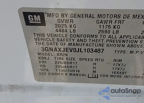 2018 Chevrolet Equinox Lt z USA, uszkodzony, nr VIN 3GNAXJEV0JL103487